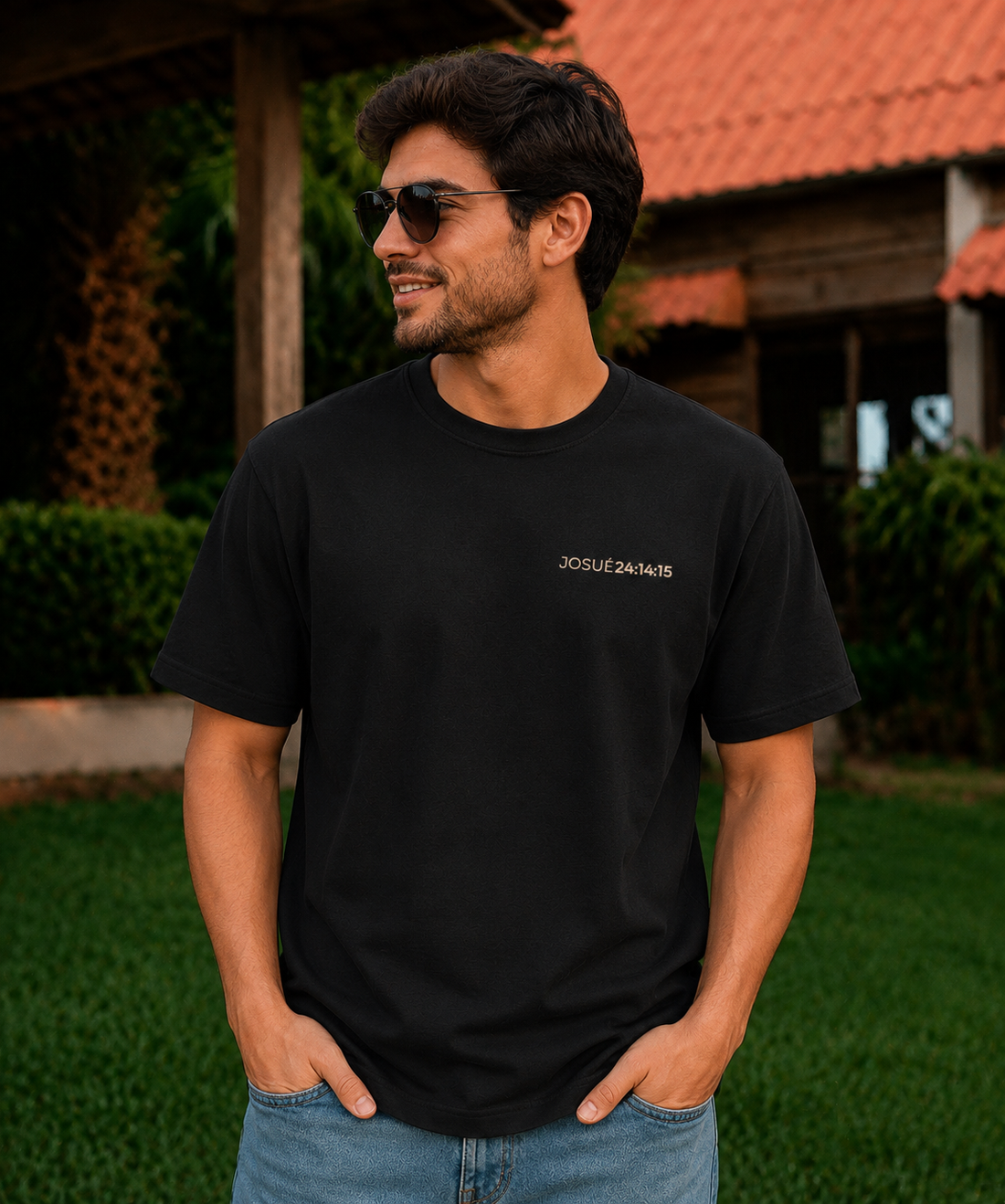 Camiseta Clássica Masculina Preta - Eu e minha casa servimos ao senhor