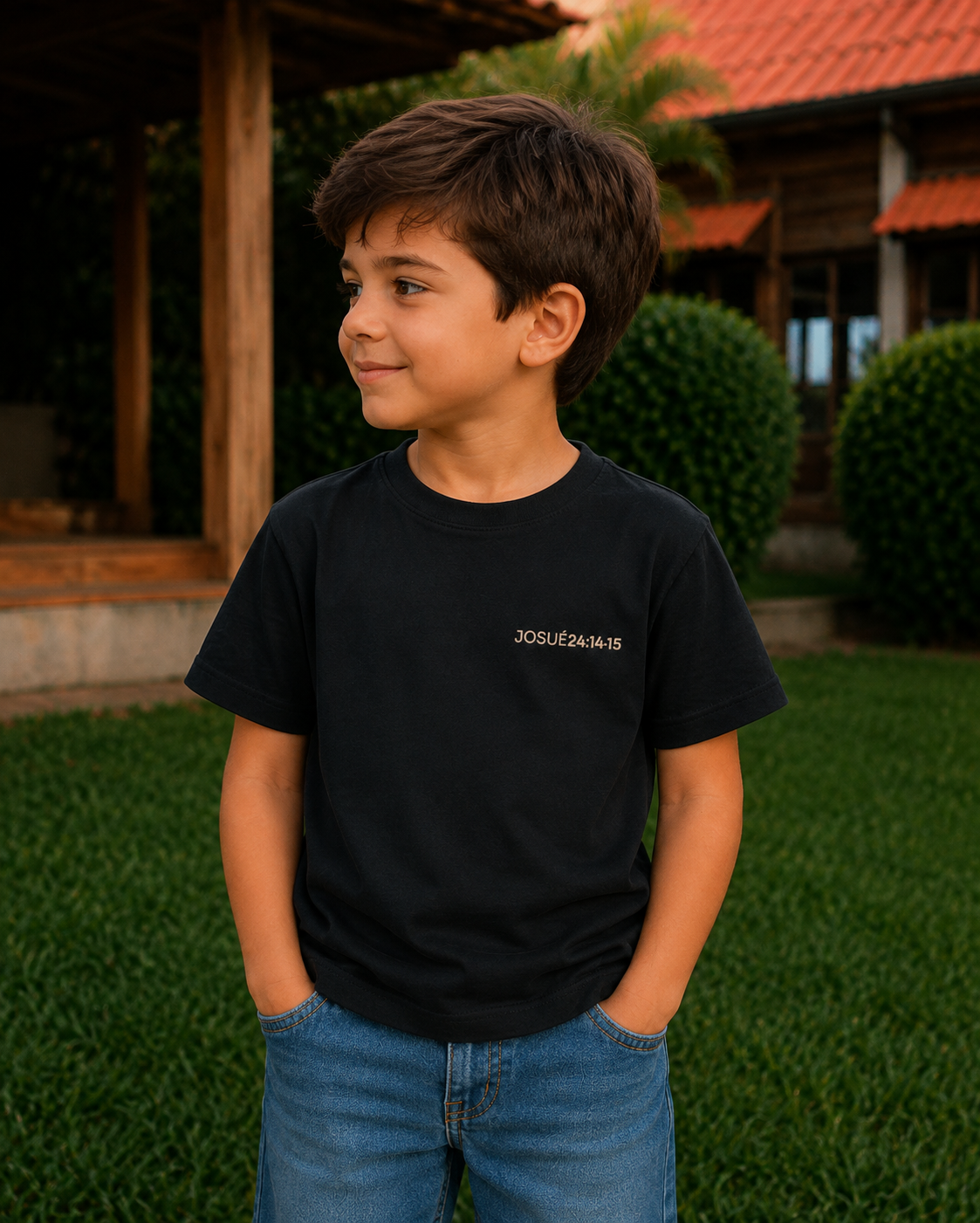 Camiseta Infantil Preta - Eu e Minha Casa Serviremos ao Senhor