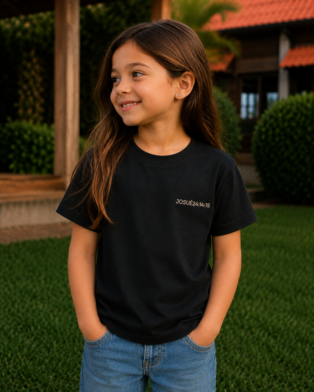 Camiseta Infantil Preta - Eu e Minha Casa Serviremos ao Senhor